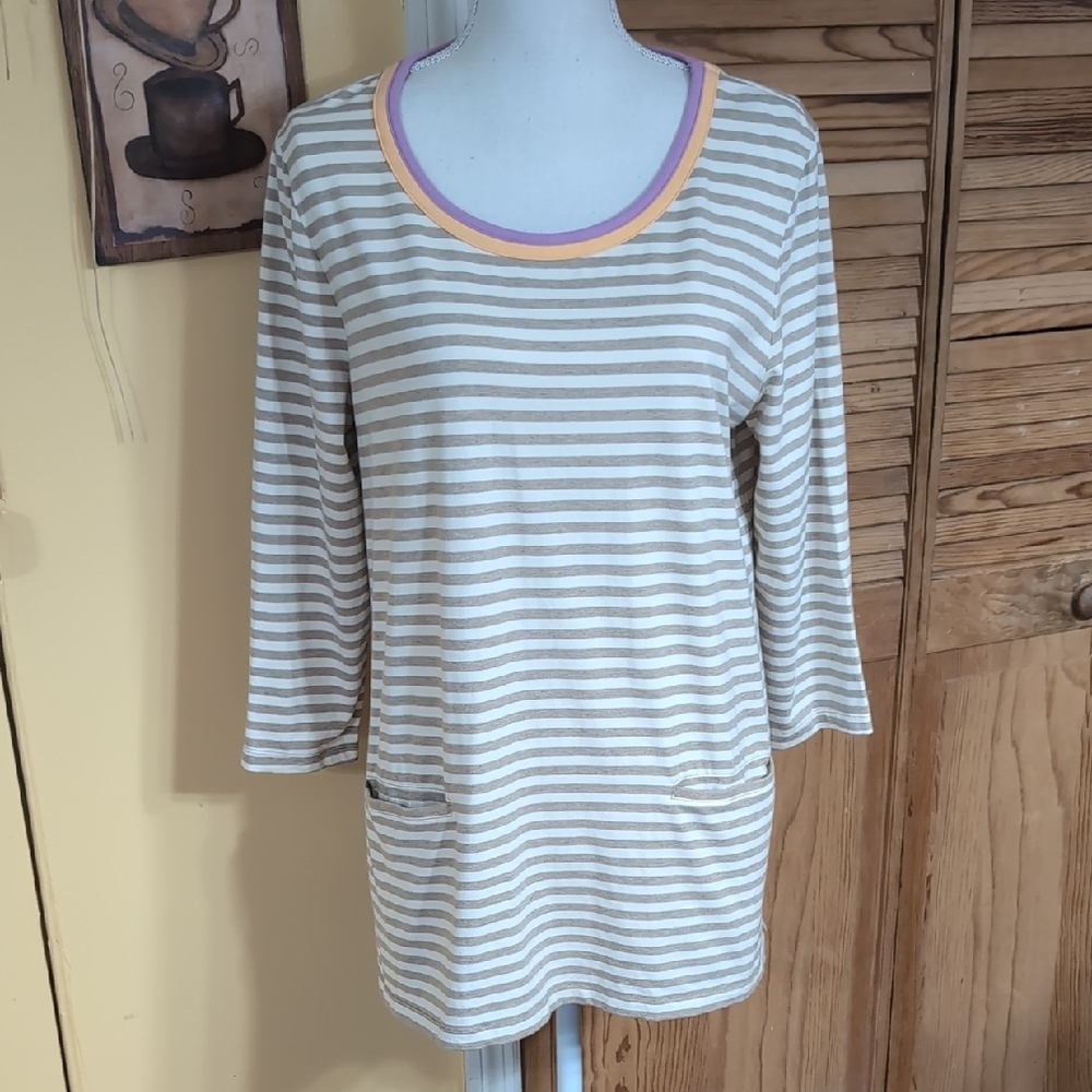 QVC Isaac Mizrahi Tan Striped 3/4 Sleeve Top with Multicolor Trim M